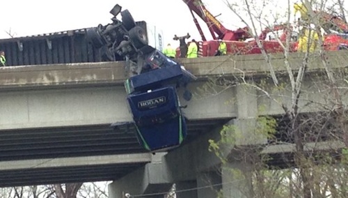 truck driver left dangling over bridge